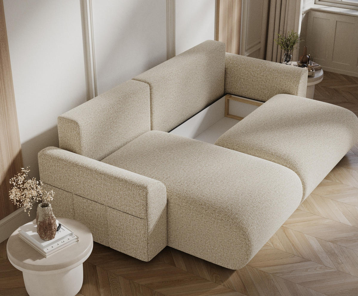 ECKSOFA MIT SCHLAFFUNKTION Bodega Beige Plüschstoff - Beige/Schwarz, Holz/Holzwerkstoff (235/138cm) - Maison de Reve