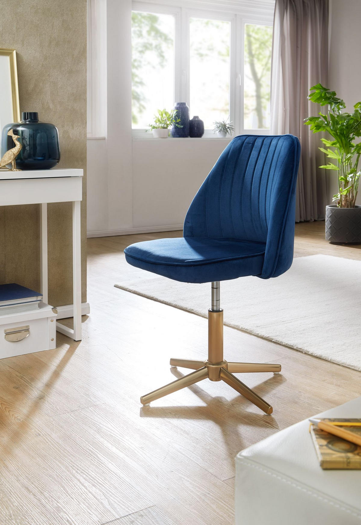 DREHSTUHL Samt mit Höhenverstellung, Eisenfuß und 360° Drehfunktion TANARO, Blau 60x60x100 cm - Blau/Goldfarben, Textil/Metall (60/100/60cm) - KADIMA DESIGN