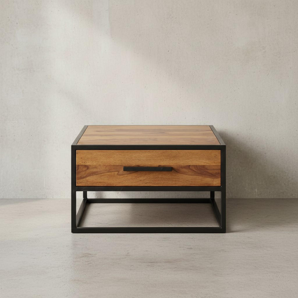 COUCHTISCH Industriestil, Metall und Holz, mit Schublade, 50 kg Tragkraft - Schwarz/Braun, Holz/Metall (65/65/38cm) - KADIMA DESIGN