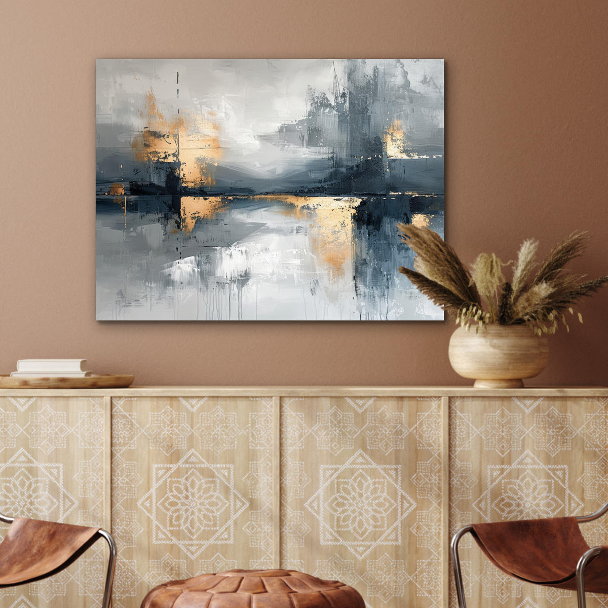 KOVOVÝ OBRAZ Umenie - sivé - zlaté - abstraktné 80x60 cm - tmavosivá, kov (80/60cm) - MuchoWow
