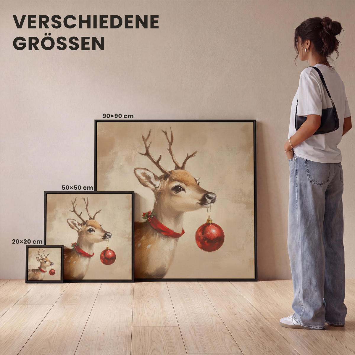 LEINWAND Bilder mit Rahmen - Weihnachten - Hirsch - Geweih - Weihnachtskugel - Rentier - 20x20 - Hellbraun, Textil (20/20cm) - MuchoWow
