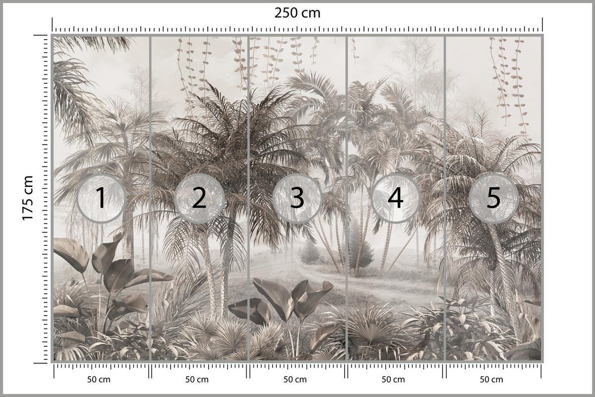 FOTOTAPETE für Büro Vintage Tropisch Dschungel Palmen Blätter 250x175 - Beige/Braun, Papier (250/175cm) - Muralo