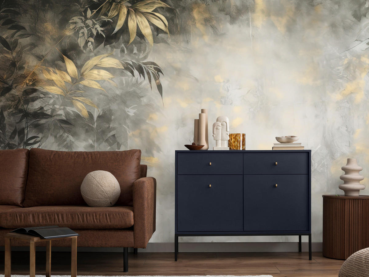 FOTOTAPETE Blätter Beton Abstraktion Vintage 350x256 - Gelb/Beige, Papier (350/256cm) - Muralo