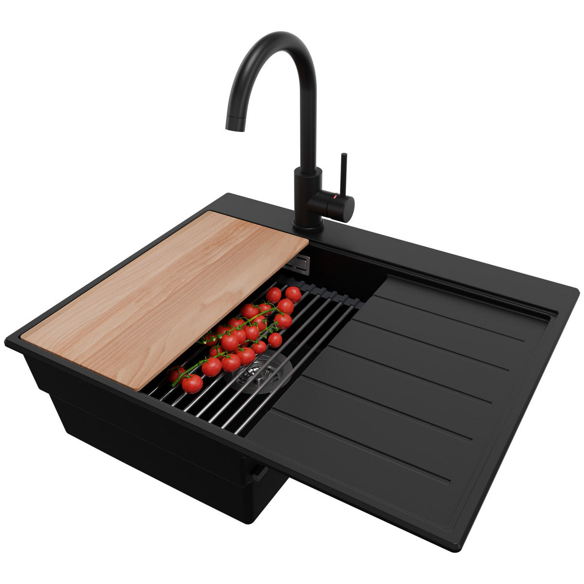 GRANITSPÜLE Sydney, 2-er set Schwarz 62/50 cm 1 Becken + Küchenarmatur 32/20 cm + Ablauf-Set + Küchenzubehörset ab 40er Unterschrank - Chromfarben/Beige, Kunststoff (62/20/50cm) - Primagran