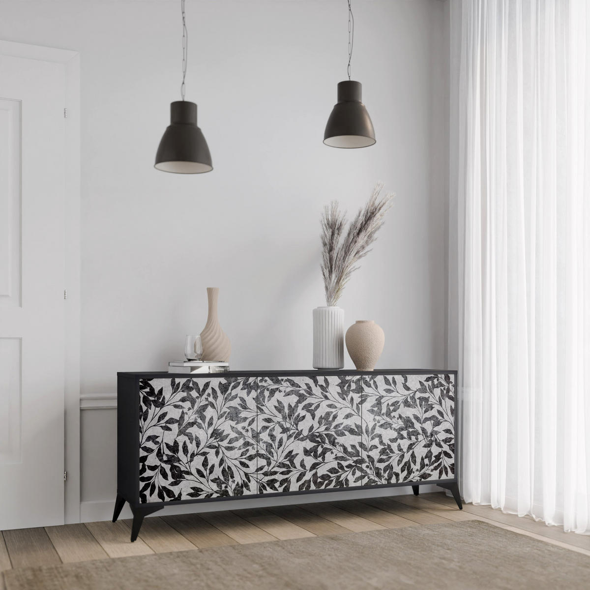 SIDEBOARD CHARCOAL SPROUT, Eicheneffekt, 164,5x42x77,5 cm, 3 Türen - Eichefarben/Buchefarben, Holzwerkstoff/Buchenholz (164.5/77.5/42cm) - SpaceRebels
