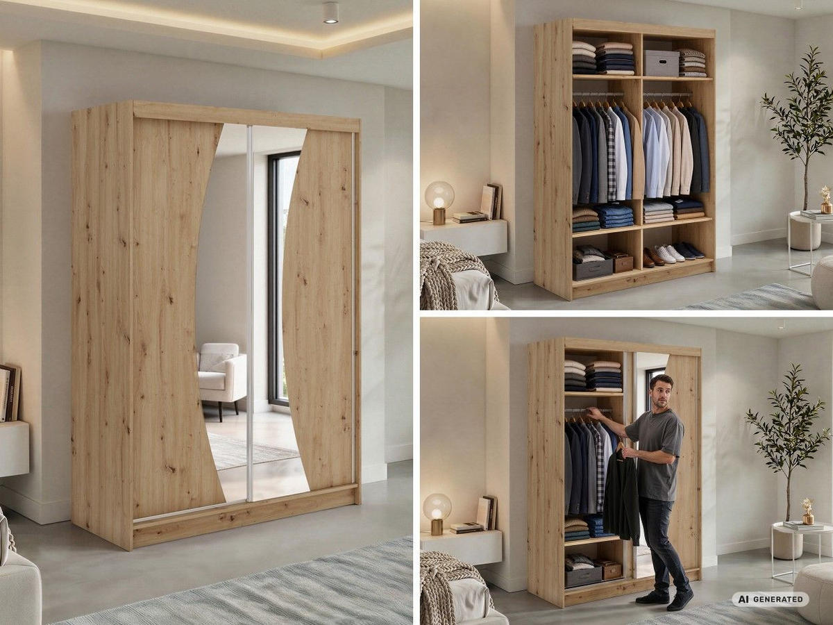 SCHWEBETÜRENSCHRANK 150 - VERONA - Eiche Artisan mit Spiegel - Alufarben/Eiche Artisan, Holzwerkstoff/Metall (150/216/61cm) - MKS