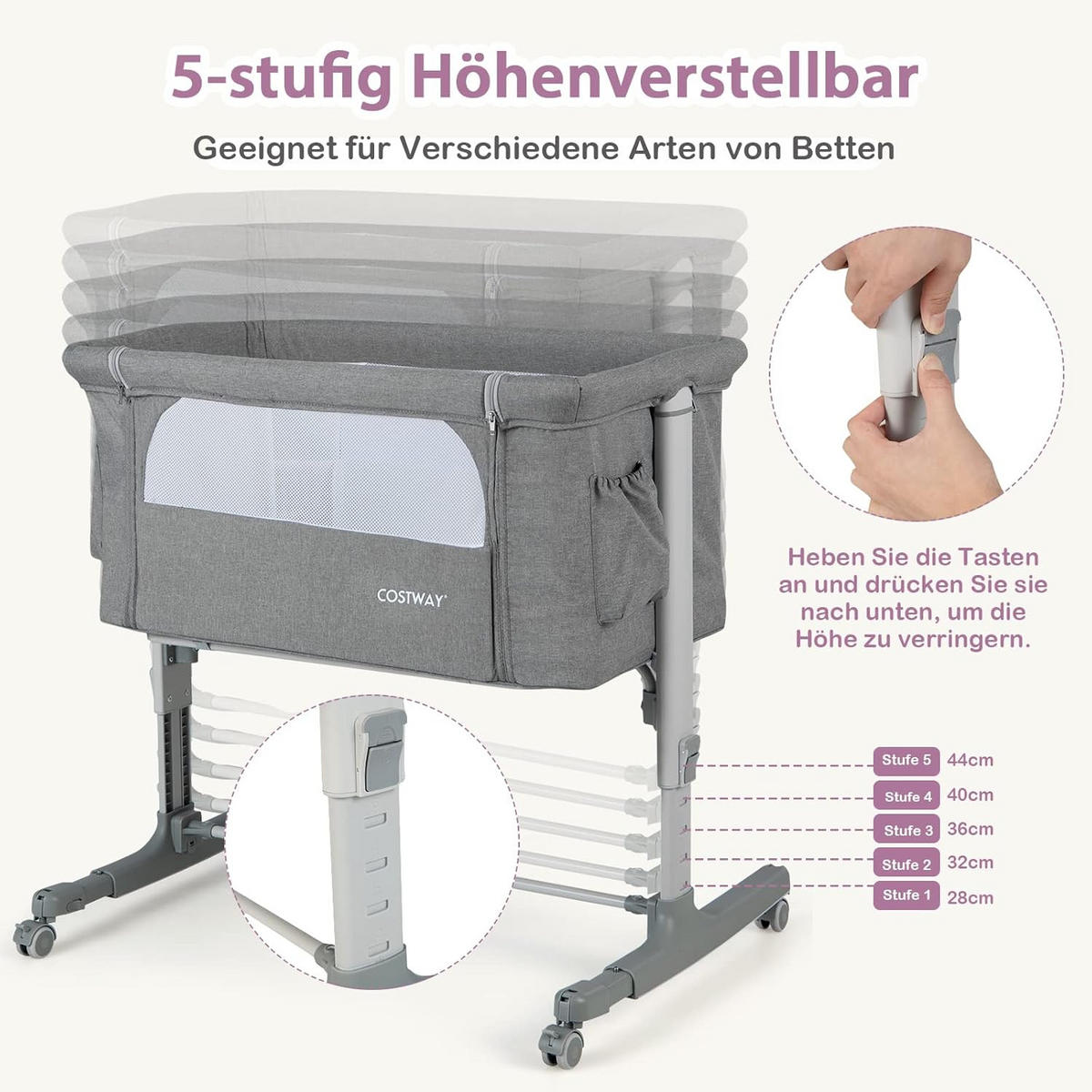 BABYBETT 3 in 1 Beistellbett Hellgrau - Dunkelgrau, Metall - COSTWAY
