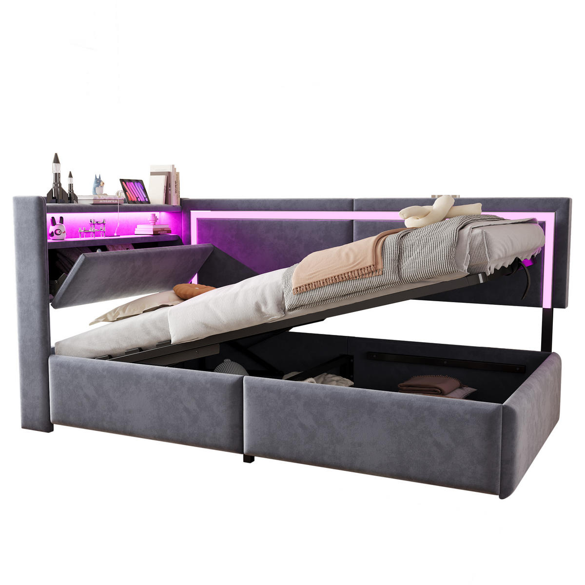 POLSTERBETT 90/200 cm grau aus Samt mit LED und USB Stauraum - Grau, Textil (90/200cm) - OKWISH