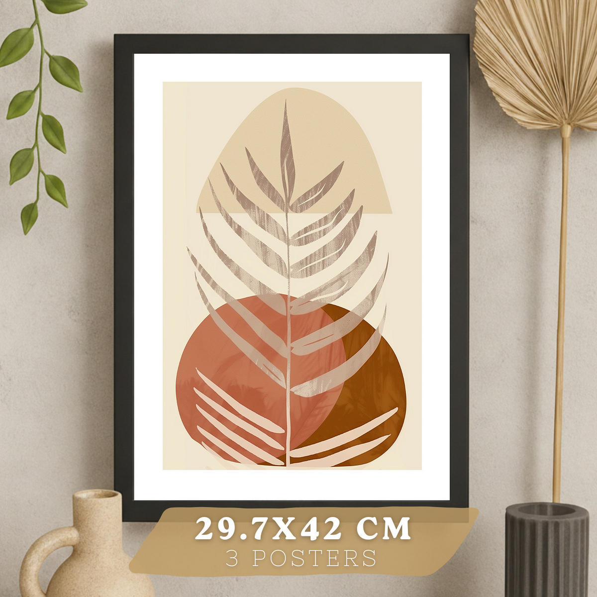 PLAKAT Sada 3 abstraktních dekorativních tisků na stěnu pro obrázky obývacího pokoje.Dekorace v hnědých květinových tónech. Černý rám velikosti A3 - černá, papír (29.7/42/3cm)
