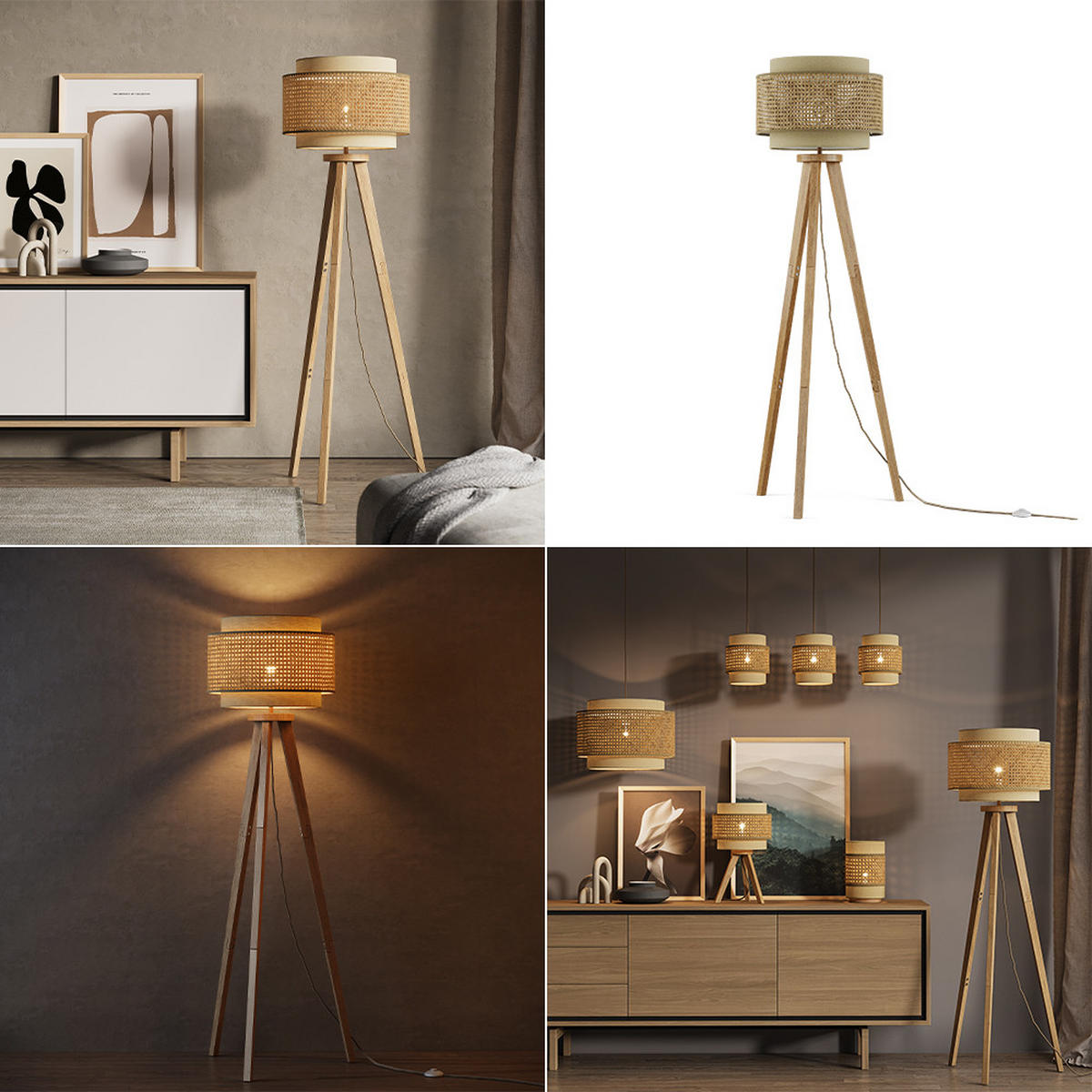 STOJACÍ LAMPA Morten Ratan/krém - krémová/hnědá, dřevo (45/45/142cm) - Vicco