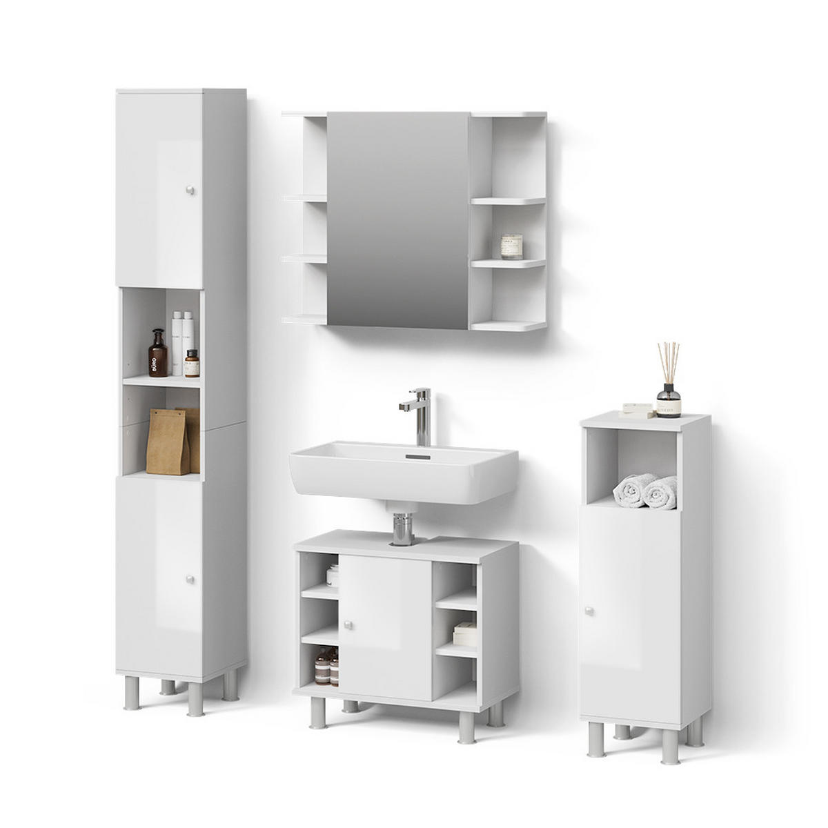 BADMÖBEL-SET Fucino Weiß Hochglanz 4 Teile - Weiß Hochglanz/Weiß, Holzwerkstoff (80/64/21cm) - Livinity®