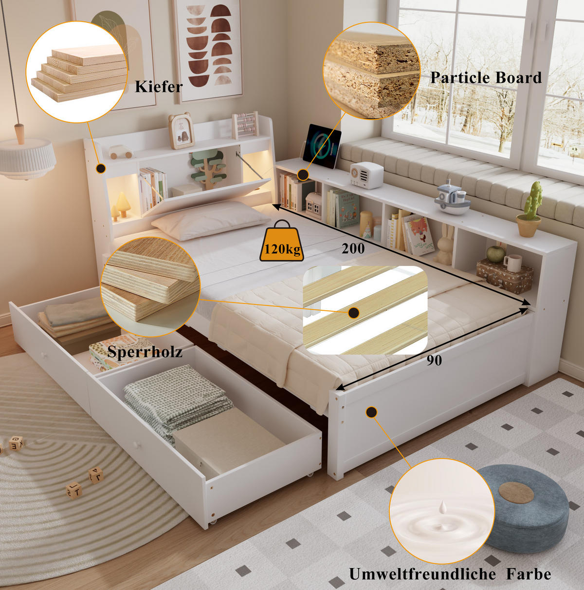 JEDNOLÔŽKOVÁ posteľ 90/200 cm biela s úložným priestorom, 2 svetlami a nabíjacou zásuvkou z masívu a MDF - biela, drevo (90/200cm) - OKWISH