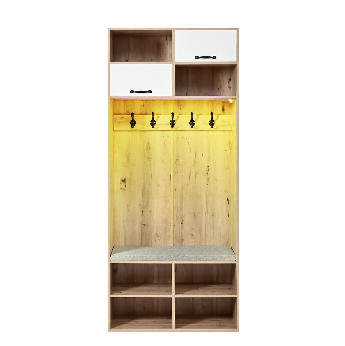 GARDEROBENSET 80/35/185 cm aus Spanplatte mit Sitzbank und LED-Beleuchtung Weiß/Naturfarben - Naturfarben, Holzwerkstoff (80/185/35cm) - Modenvie