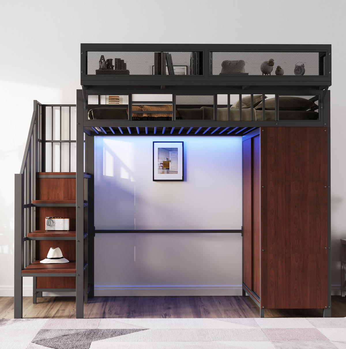HOCHBETT 90/200 cm Schwarz aus Metall, Sperrholz und MDF mit Kleiderschrank und LED-Beleuchtung - Schwarz, Metall (90/200cm) - OKMYHOME