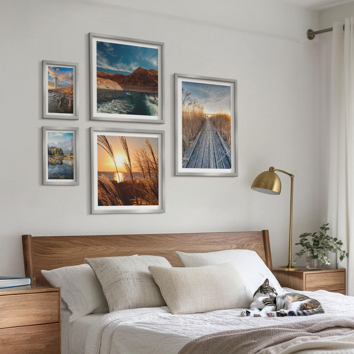 BILDER SET 5er Set - 50x50 cm & 20x30 cm & 40x60 cm Silberner Rahmen - Leuchtturm-Grassteg - Silberfarben, Kunststoff (40/60cm) - TULUP
