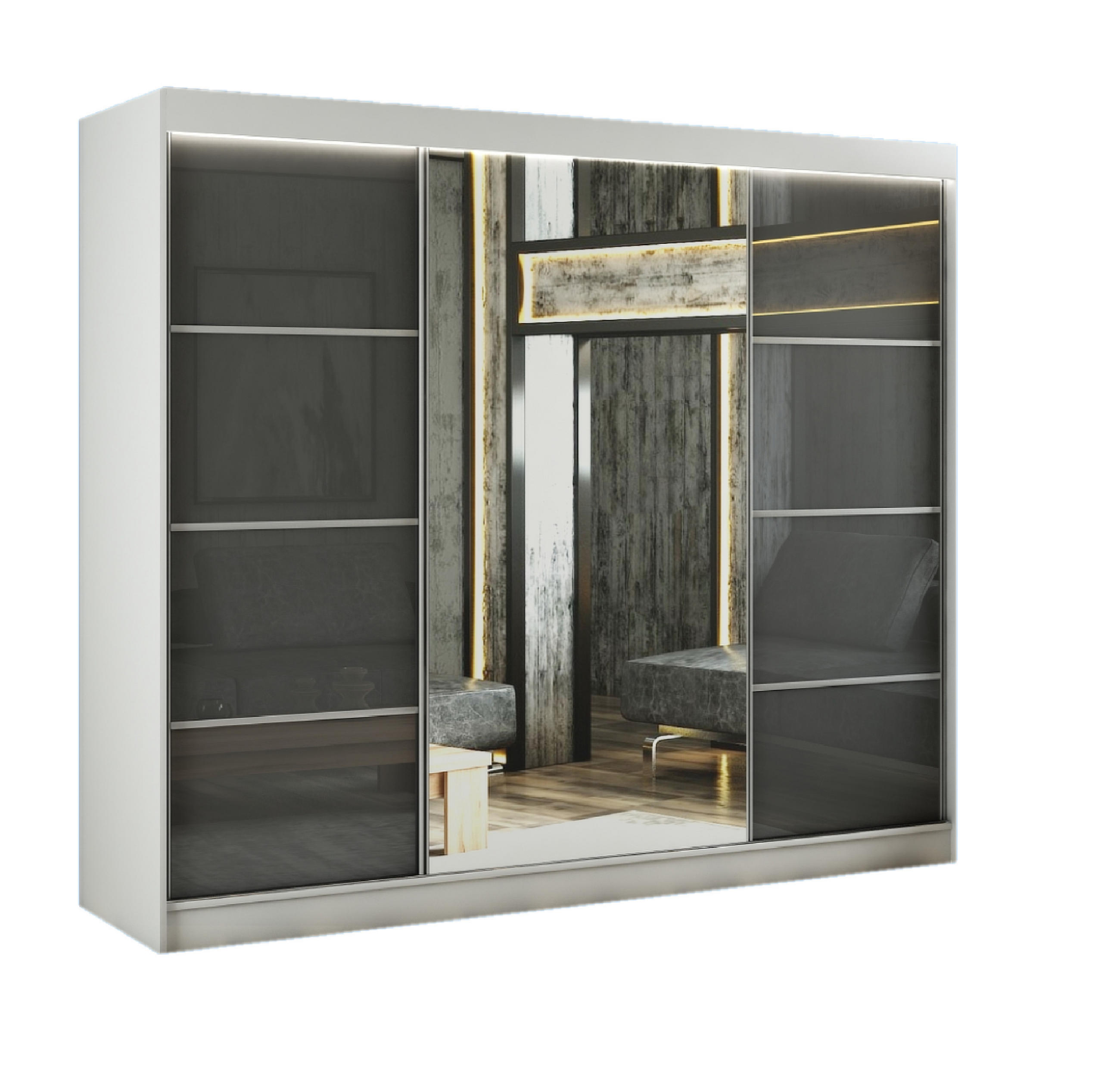 SCHWEBETÜRENSCHRANK Venus III 250 cm mit Spiegel 3-türig, weiß, lacobel grau - Weiß/Grau, Kunststoff (250/215/61cm) - Margaret Hadas24