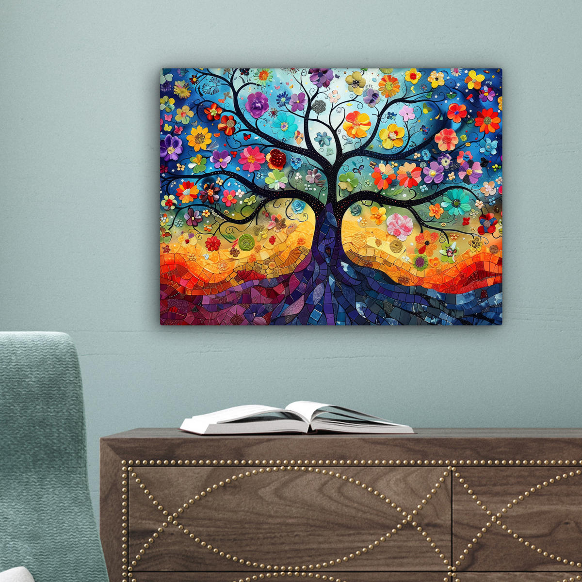 LEINWANDBILD Kunst - Baum des Lebens - Blumen - Hippie Wandbild 40x30 cm - Dunkelblau, Textil (40/30cm) - MuchoWow