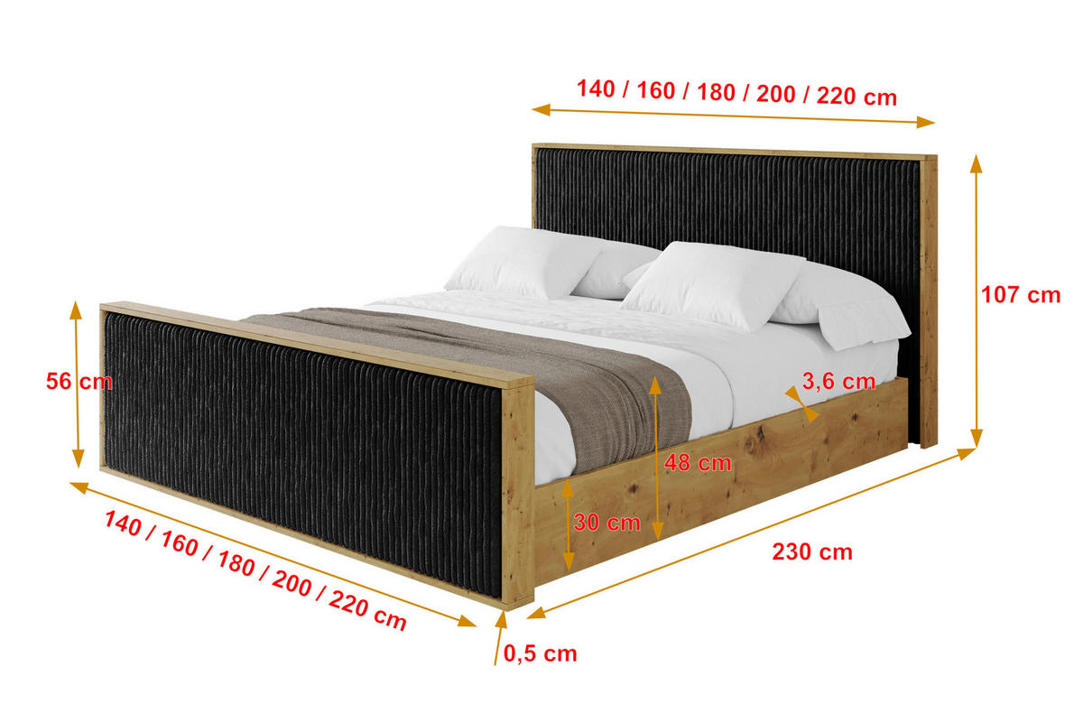 POLSTERBETT mit Bettkasten und Lattenrost, Boxbett mit Stauraum und Kopftei mit Matratze H3/H4 - ENZO10 120x200 Schwarz - Schwarz, Holzwerkstoff/Textil (120/200cm) - ALTDECOR