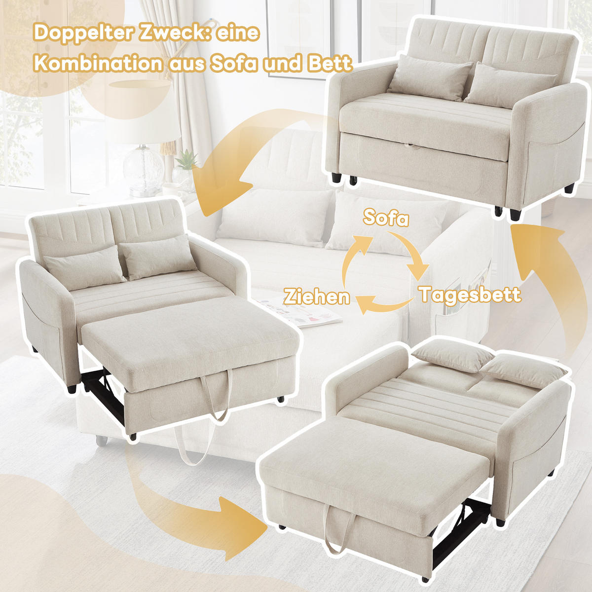 SOFABETT Baumwoll-Leinen mit Ausziehfunktion und verstellbarer Rückenlehne Beige 114/77/82,5 cm - Beige, Textil (77/82.5/114cm) - Redom
