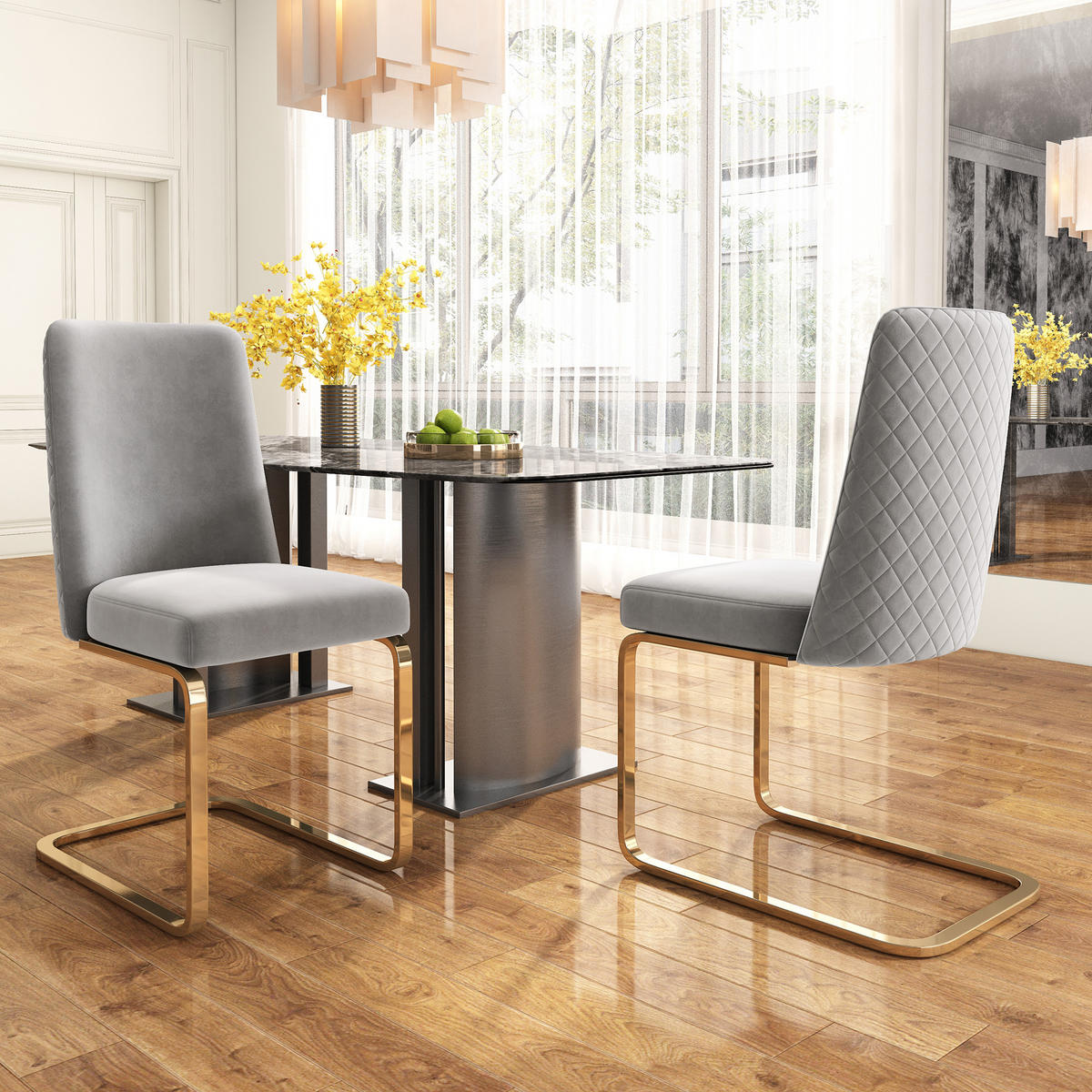 ESSZIMMERSTUHL 2er Set Samt Diamant Grau Gold Metallbeine - Grau, Textil (52/88.8/46cm) - FLIEKS