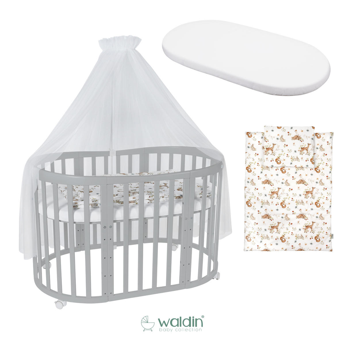 BABYBETT GREY OVAL 7in1 mit Matratze und Himmelset - Multicolor/Grau, Holz/Textil