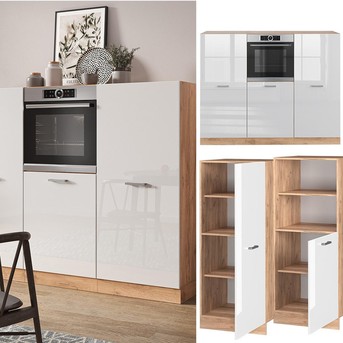 KUHINJSKI BLOK R-Line Bela barva visokega sijaja/zlata barva hrasta power 180 cm brez delovne plošče - bela/medeni hrast, leseni material (180/143/46cm) - Vicco