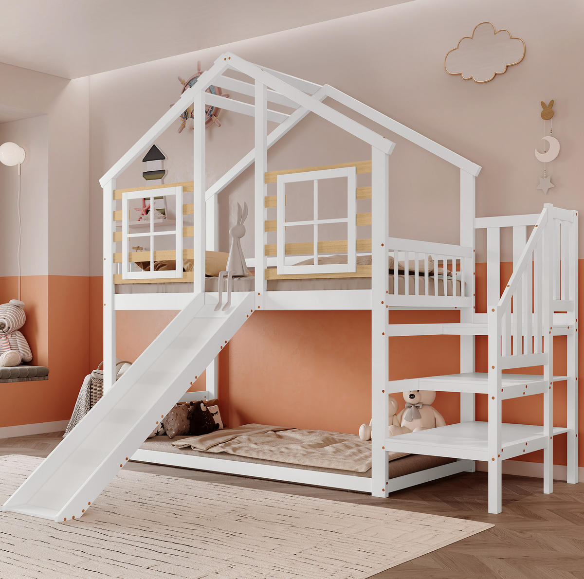 DOMČEKOVÁ posteľ z masívu a MDF, 90/200 cm, biela/prírodná, s domčekom, šmykľavkou a schodmi - biela, kompozitné drevo (90/200cm) - BEAOK