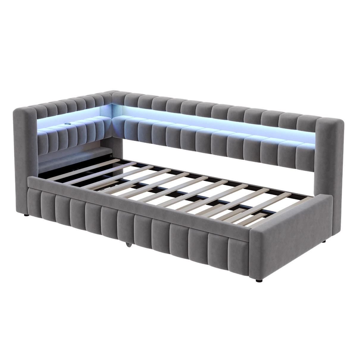 POLSTERBETT 90x200 Dunkelgrau Samt LED USB - Grau, Textil (90/200cm) - FLIEKS