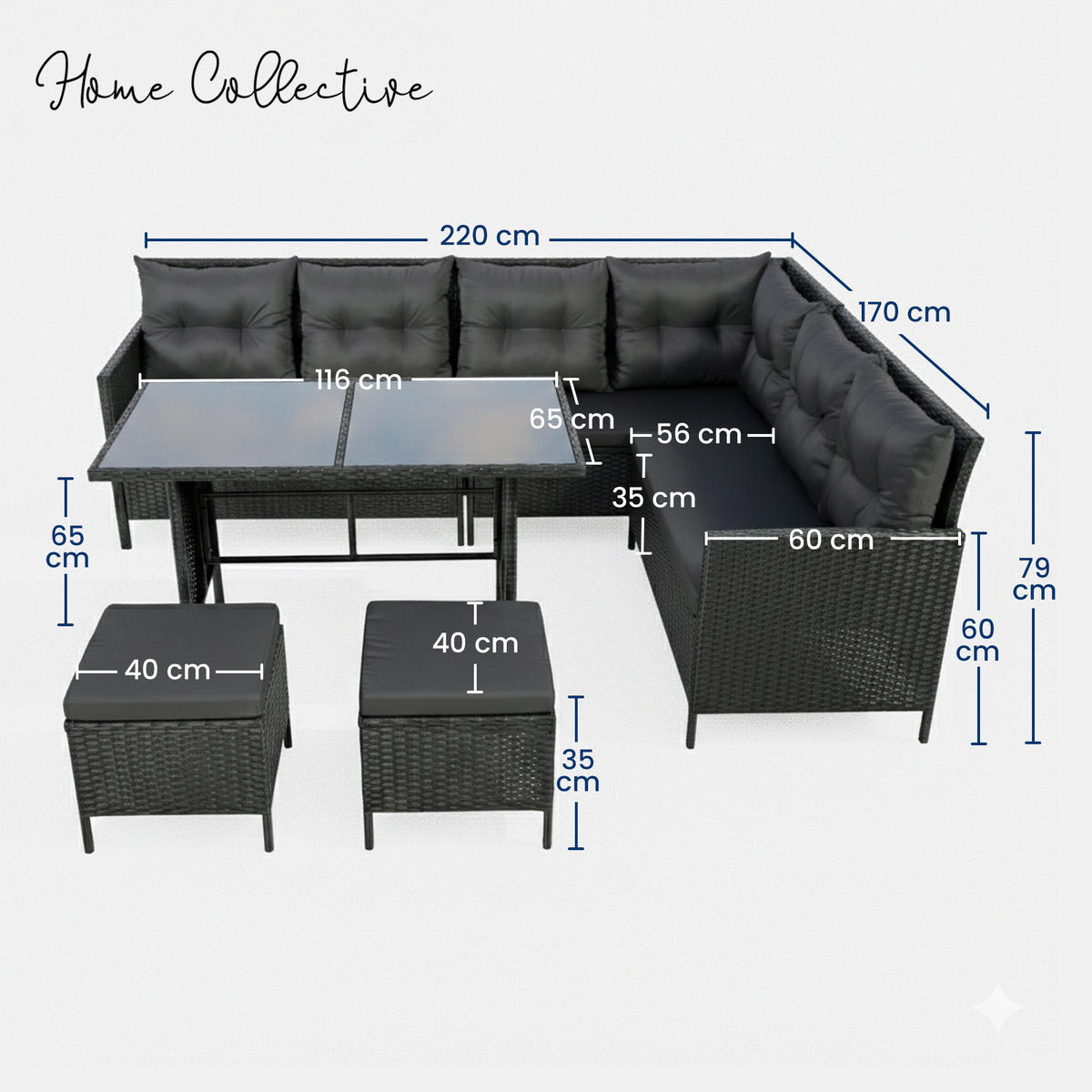 GARTENMÖBEL-SET mit Ecksofa und Esstisch in schwarze Kissen - Schwarz, Metall - Home Collective