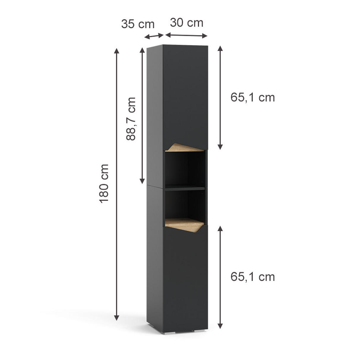 BADSCHRANK Marelle Anthrazit 30 x 180 cm mit Türen und offenen Fächern - Anthrazit, Holzwerkstoff (30/180/35cm) - Vicco