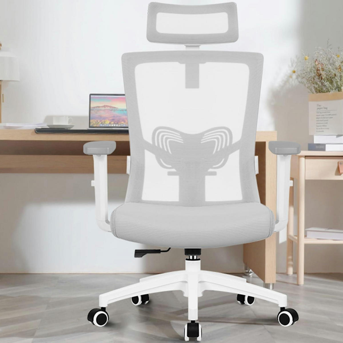 BÜROSTUHL Ergonomisch mit Kopfstütze und Lendenwirbelstütze Grau - Grau, Textil (70/128/70cm)