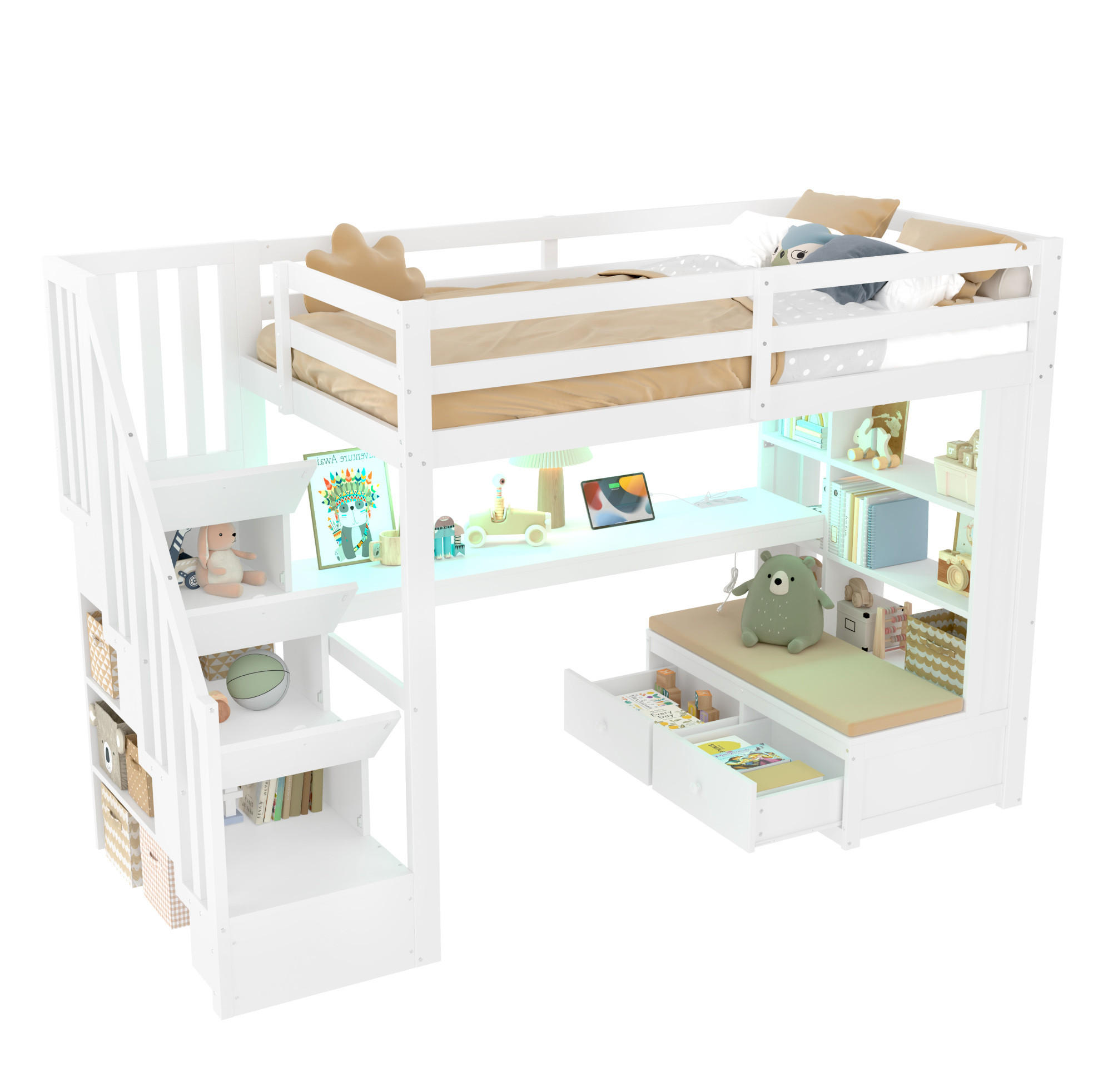 HOCHBETT 90/200 cm aus Kiefer/MDF mit Schreibtisch, Regalen, 2 Schubladen, Stauraumtreppe und LED, Weiß - Weiß, Holzwerkstoff (90/200cm) - Redom