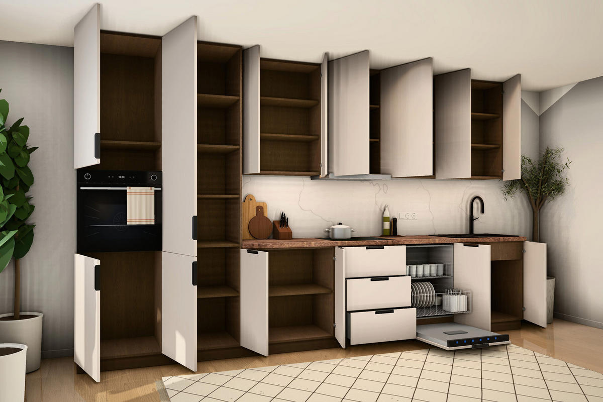 KÜCHENZEILE Sorento Beige – 400 cm – K73-G400 L – mit Vorrats-Hochschrank - Beige/Schwarz, Holzwerkstoff/Metall (400/247/58cm) - ROYAL24_MARKT