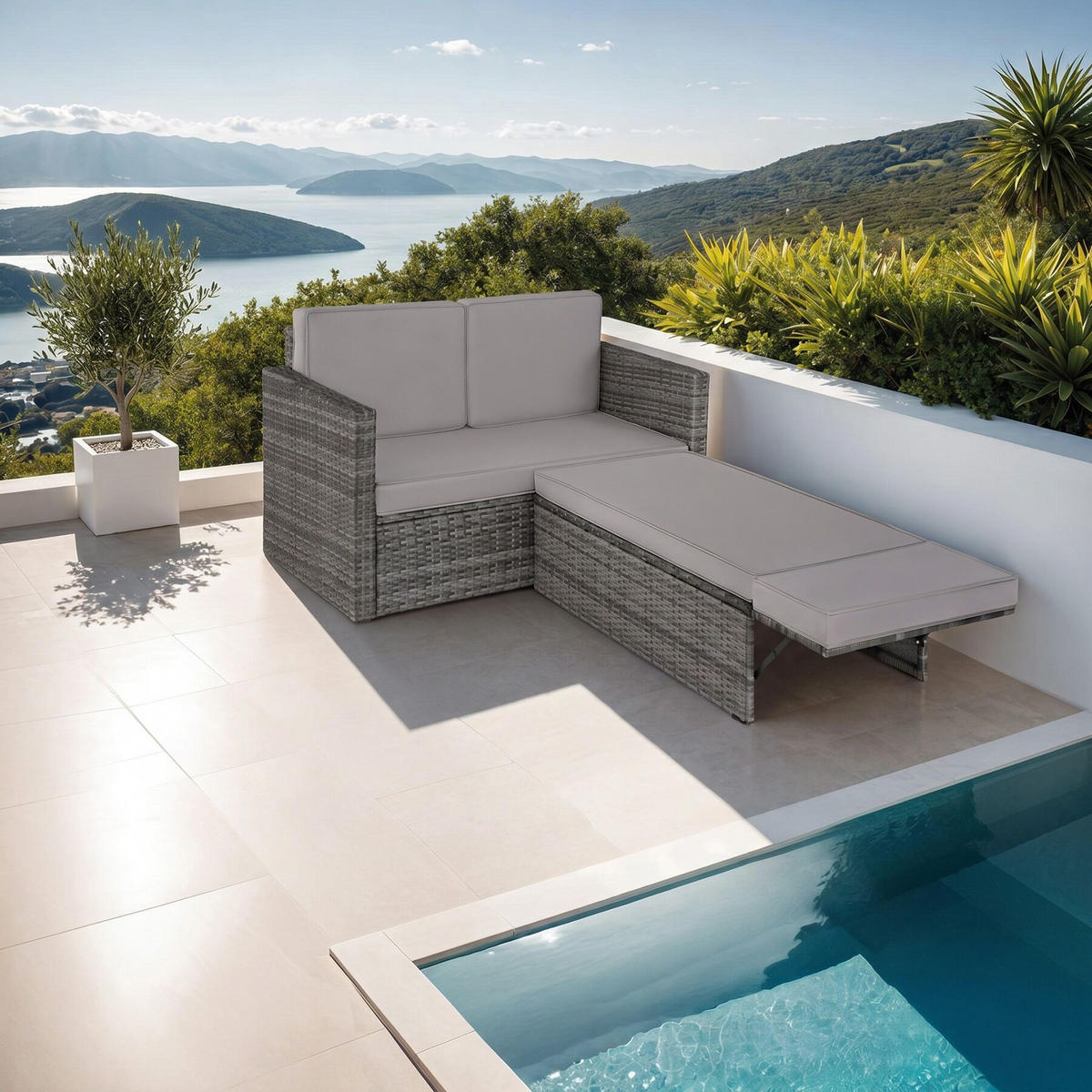 RATTANLOUNGE Korfu mit Sofa & Hocker, UV-beständig, Wasserabweisende Kissen, Grau, Sofa 119 x 64,5 x 71,5 cm - Grau, Kunststoff - tectake