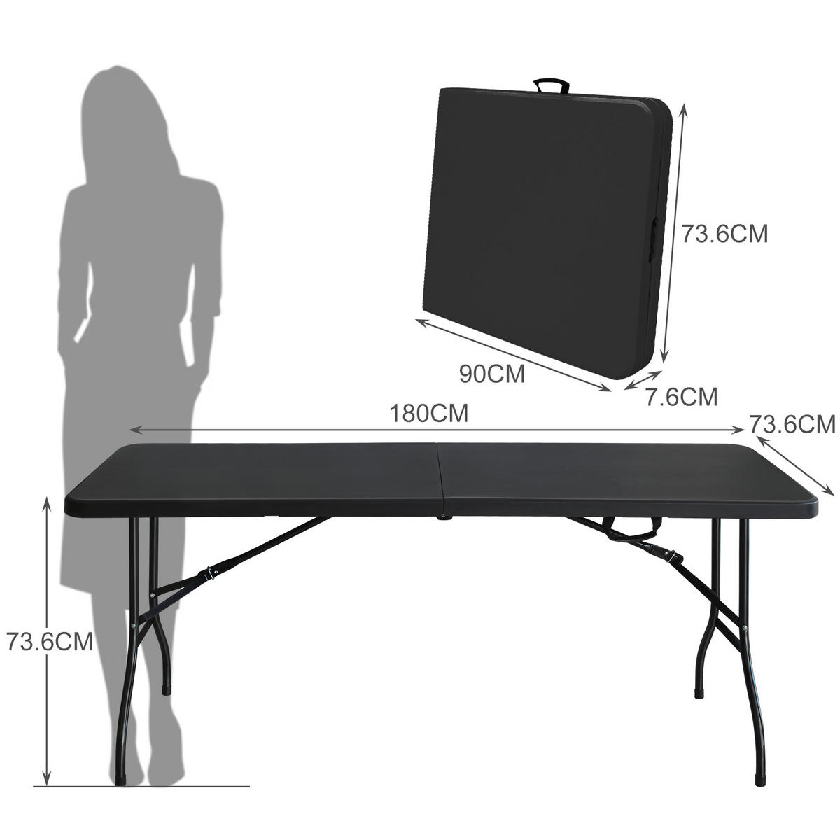 KLAPPTISCH 180 cm Schwarz - Schwarz, Kunststoff (180/73.6/73.6cm) - ComfortXL