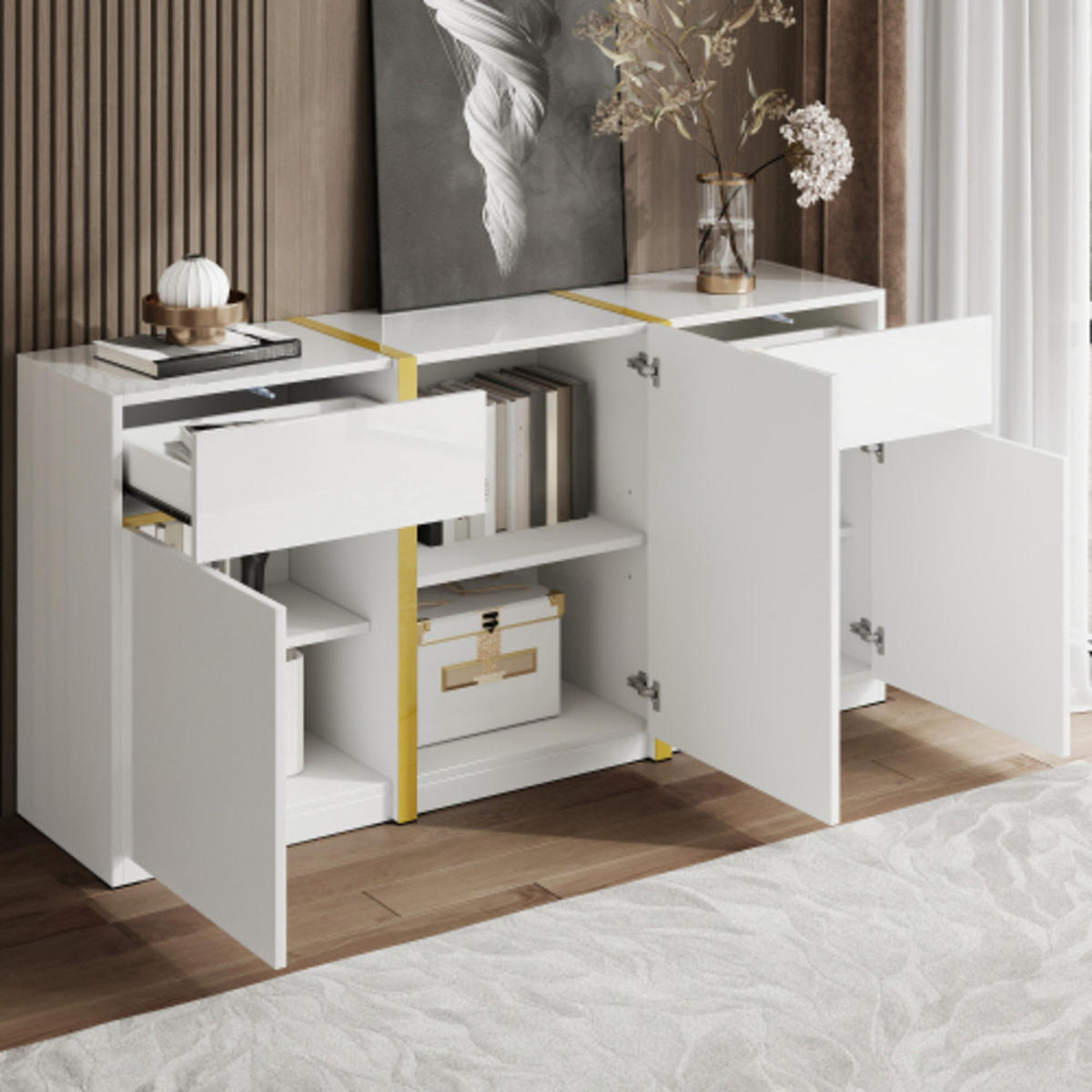 SIDEBOARD mit Goldverzierungen weiß Hochglanz 160×40×78 cm aus Spanplatte und MDF - Weiß, Holzwerkstoff (160/78/40cm) - Luhomfu