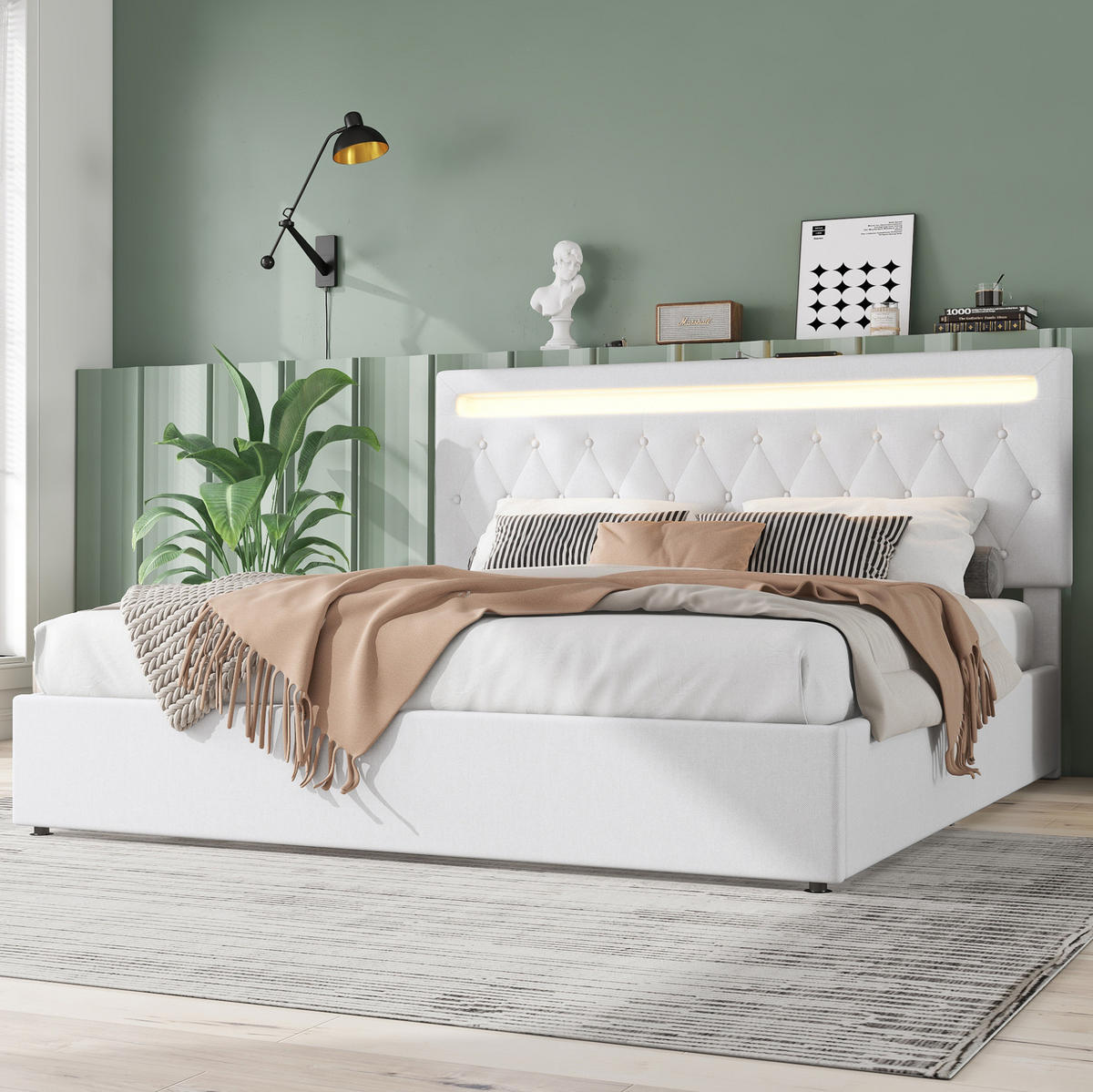 POLSTERBETT aus Leinen 180x200 cm in Weiß mit LED, USB-C & Stauraum - Weiß, Textil (180/200cm) - Modfu