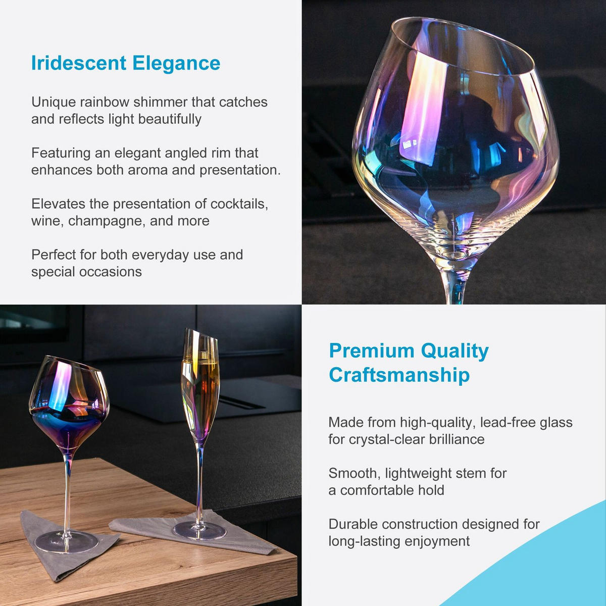WEIN GLAS SET moderne Kante Regenbogen Schimmer 470 ml (4er-Set) - Transparent, Glas (0.47L) - Intirilife