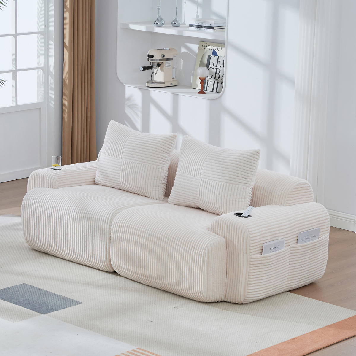2-SITZER Sofa Cord mit Getränkehalter und Seitentasche 200/99/80 cm Beige - Beige, Textil (99/80/200cm) - Redom
