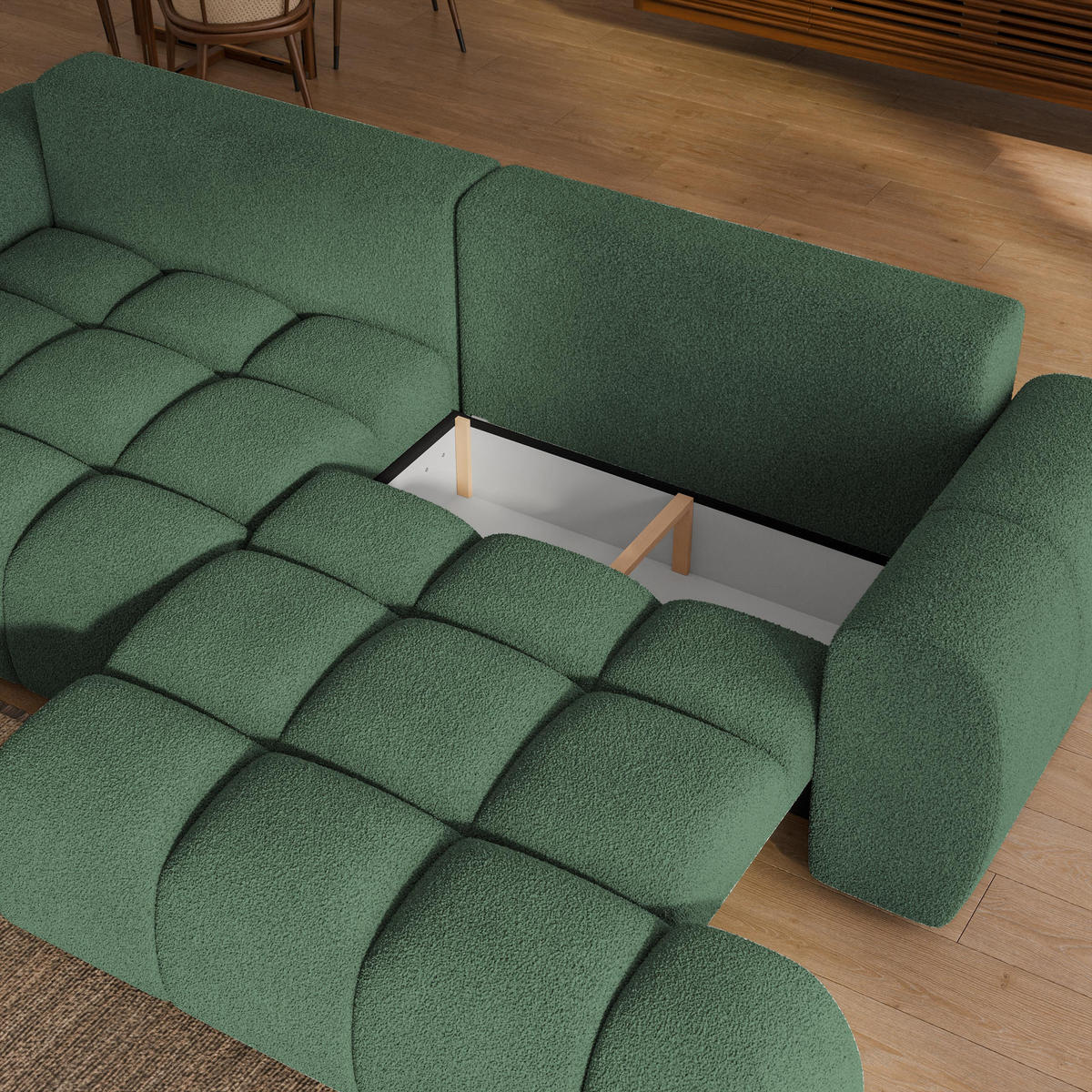 BETTSOFA DAFNE Grün Bucle-Stoff mit Schlaffunktion - Grün, Textil (300/88/113cm) - MASSENO