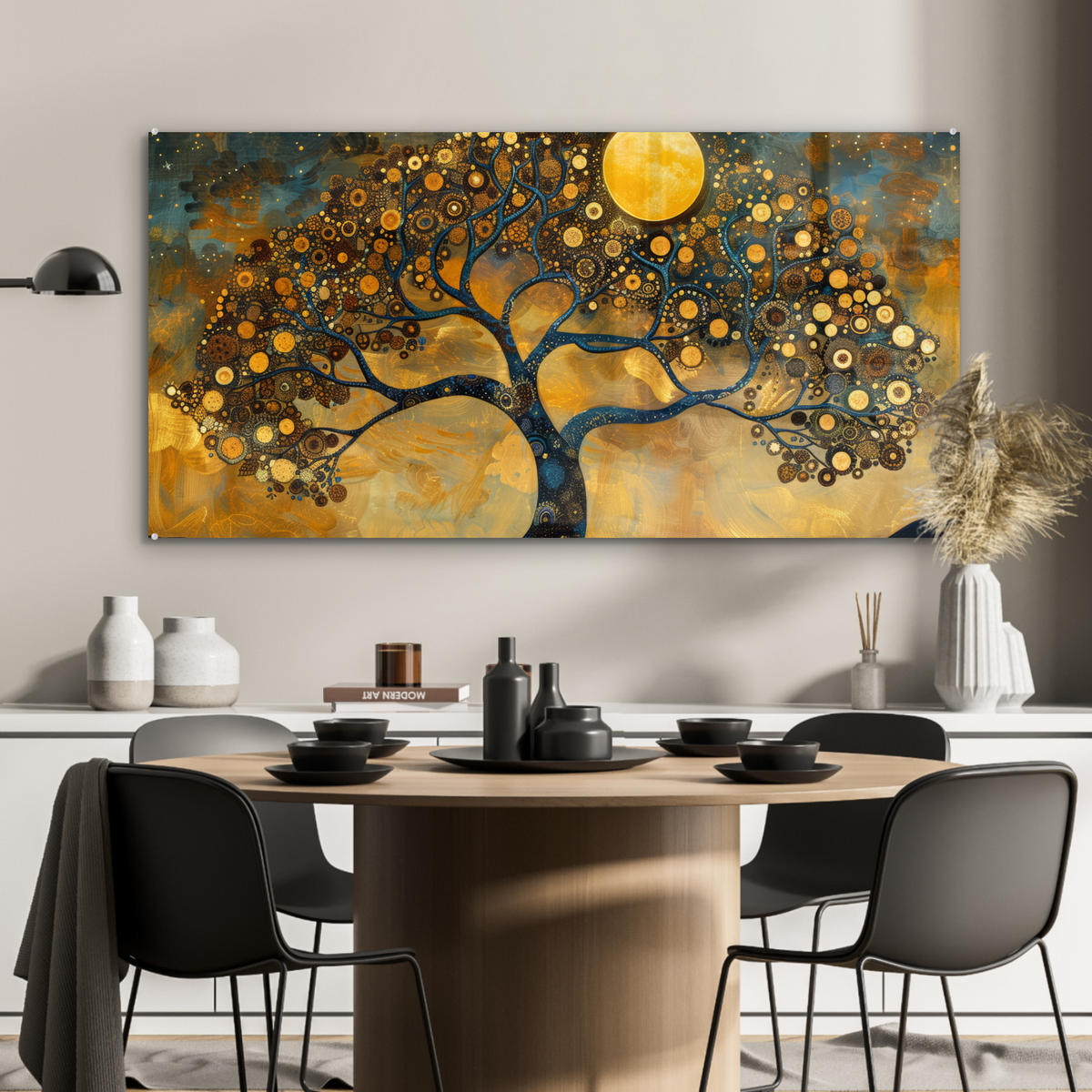 ACRYLGLASBILD Baum - Mond - Blumen - Gold - Kunst 120x60 cm - Orange, Glas (120/60cm) - MuchoWow