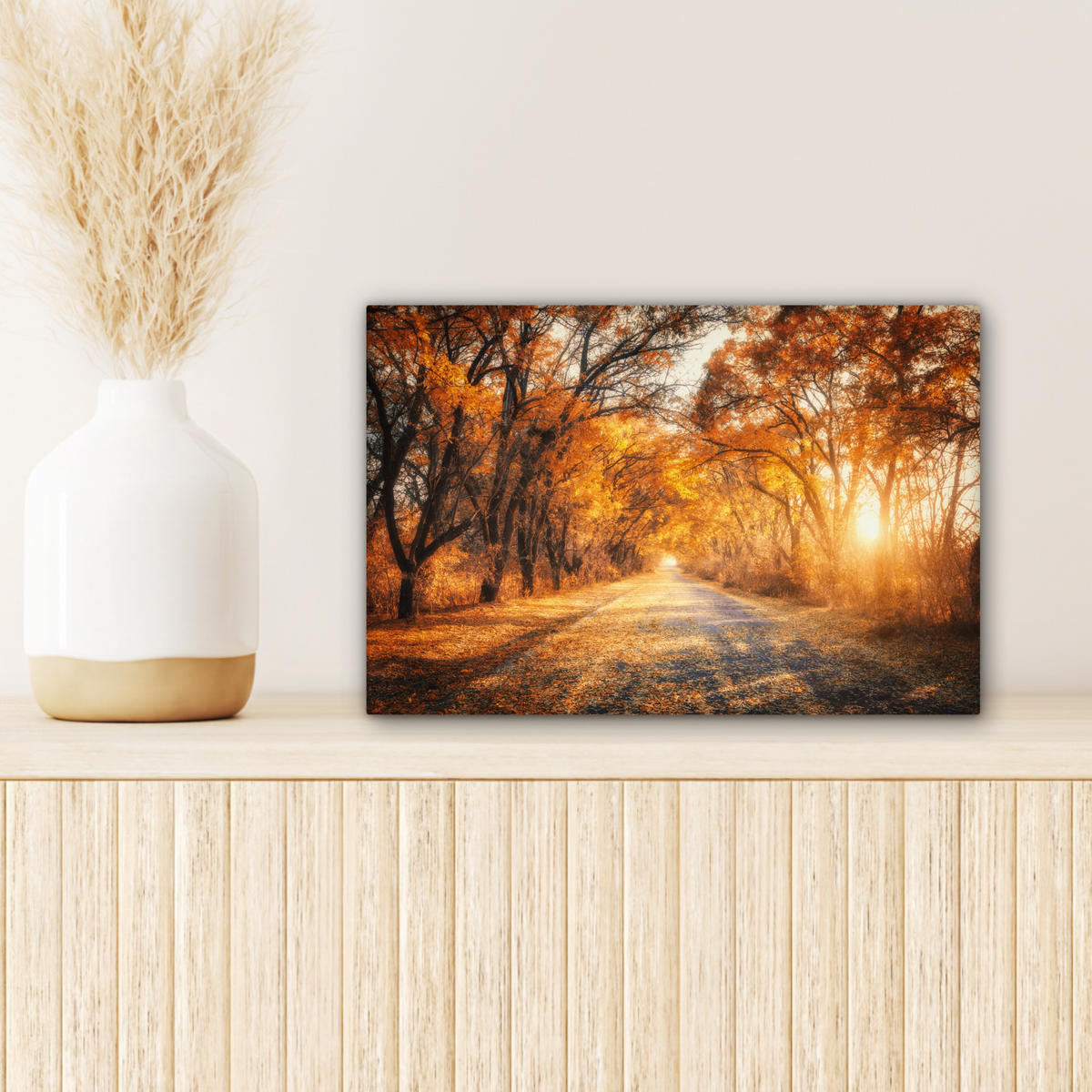 LEINWANDBILD Wald - Herbst - Bäume - Waldweg - Natur 30x20 cm - Bernsteinfarben, Textil (30/20cm) - MuchoWow