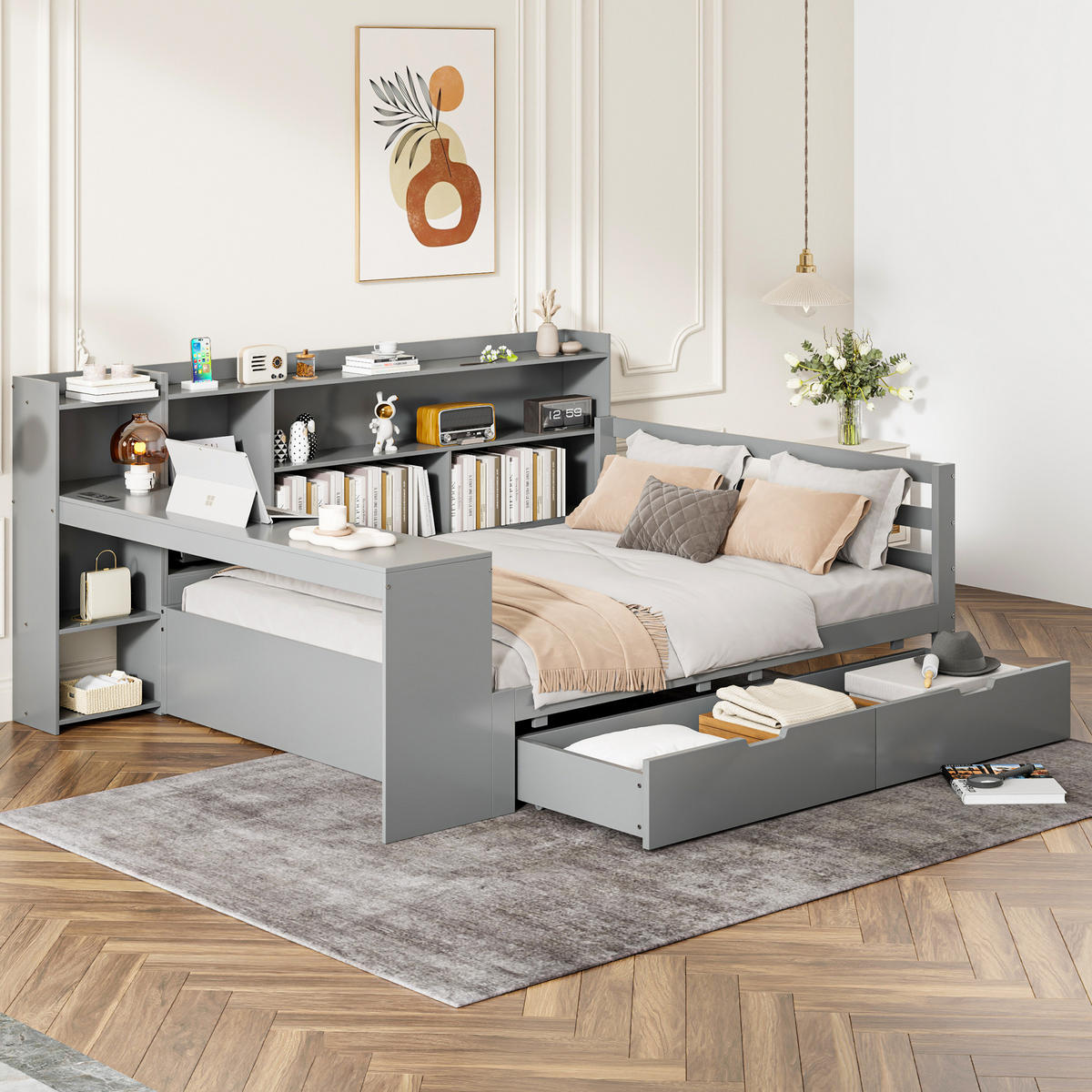 BETT aus Massivholz 140/200 cm mit Schreibtisch und Regalen grau - Grau, Holz (140/200cm) - OKWISH