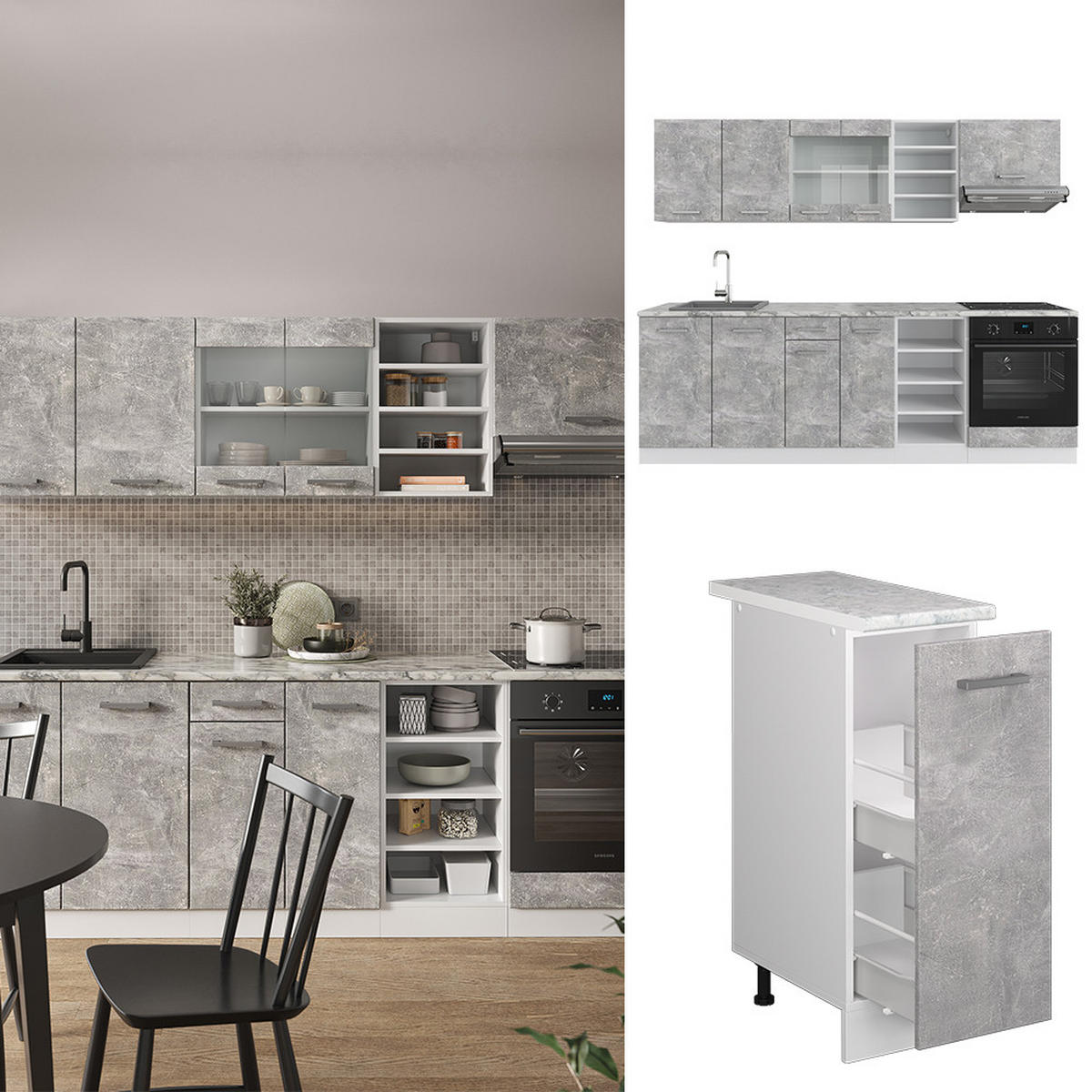 KÜCHENZEILE R-Line Beton/Weiß 240 cm ohne AP - Schieferfarben/Weiß, Holzwerkstoff (240/81.6/46cm) - Vicco