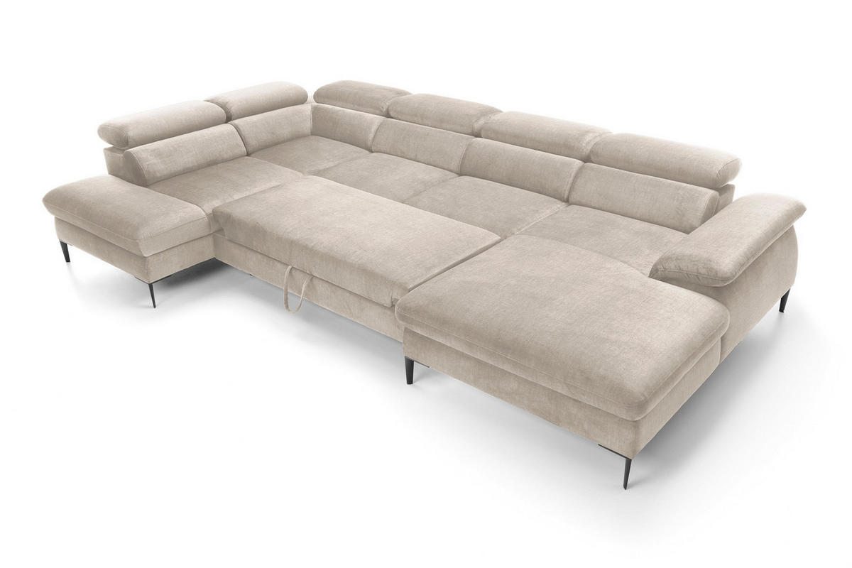 WOHNLANDSCHAFT MESTO Creme Velours-Stoff mit Schlaffunktion - Creme, Holz (353/94/182cm) - MASSENO