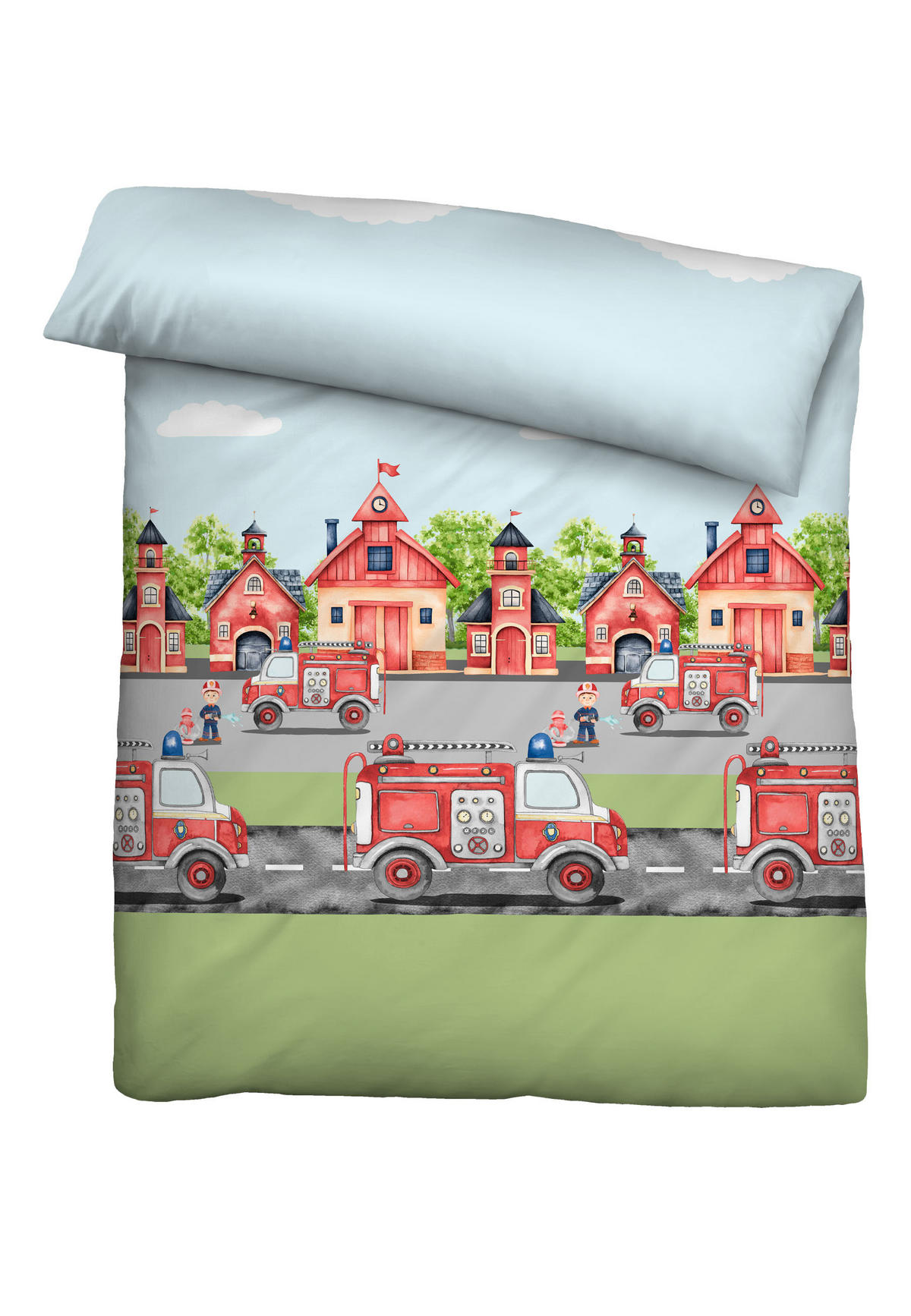 BETTWÄSCHE-GARNITUR Biber Feuerwehr pistaziengrün, 135x200 cm + 80x80 cm - Hellgrün, Textil (135/200cm) - biberna