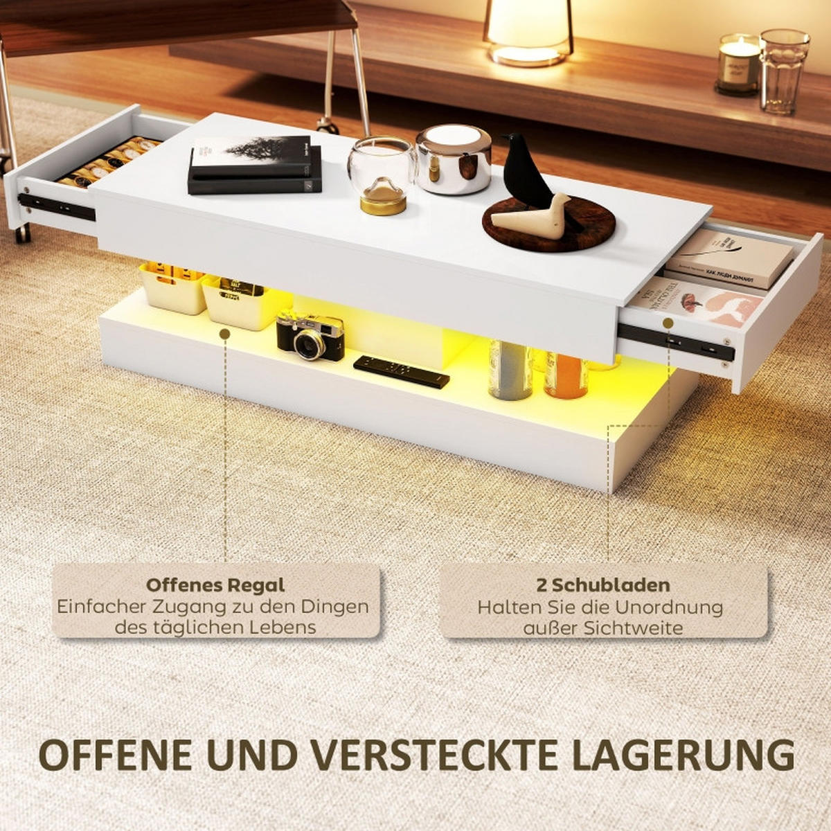 COUCHTISCH 120/50/42 cm weiß aus Holz mit LED-Beleuchtung und Schubladen - Weiß, Holz (120/50/42cm) - OKWISH