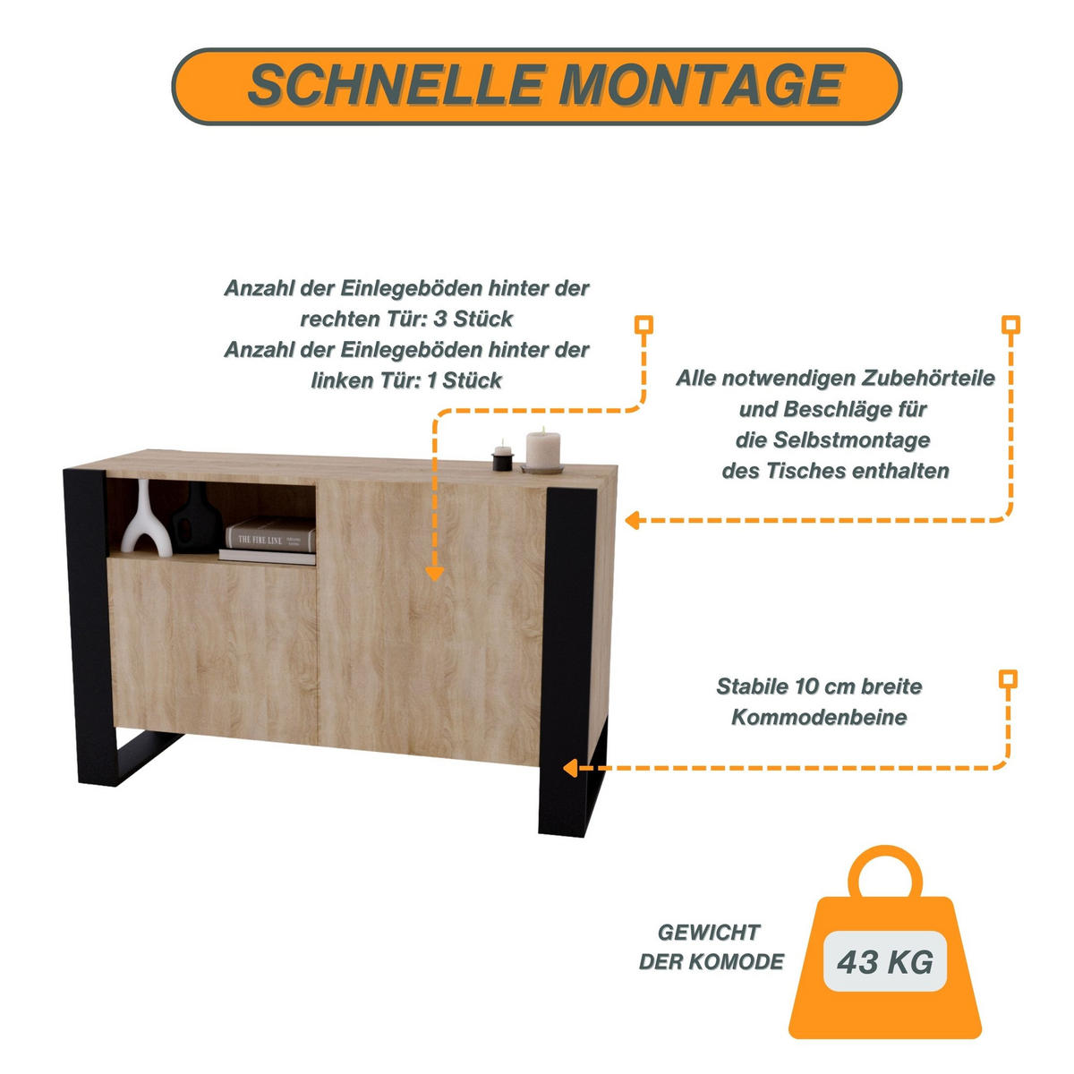 KOMMODE Karo 120/75/43.6 - Schwarz/Sonoma Eiche, Holzwerkstoff (120/75/43.6cm) - RAUMHIRSCH FURNITURE