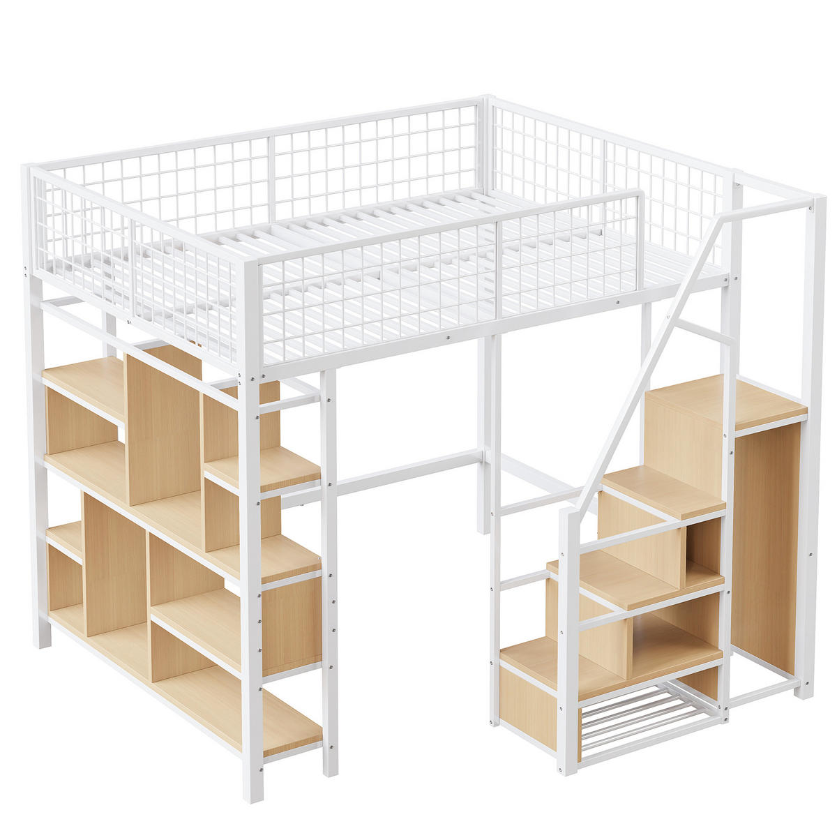 HOCHBETT 140/200 cm in Weiß mit Stauraumtreppe und Regalfächern aus Metall - Weiß, Metall (140/200cm) - BEAOK