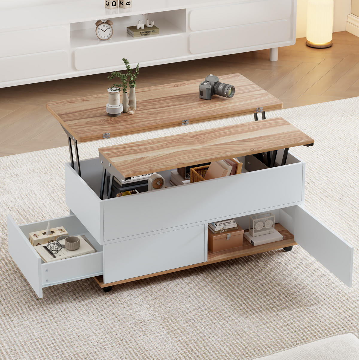 COUCHTISCH 100/98/65 cm höhenverstellbar mit hydraulischen Tischplatten, Stauraum und Rollen, Spanplatte, Weiß/Naturholz - Weiß, Holzwerkstoff (100/98/65cm) - Redom